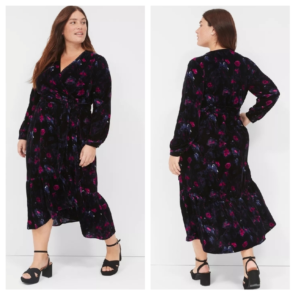 Lane Bryant | Tiered Wrap Velvet Floral Midi Dress
